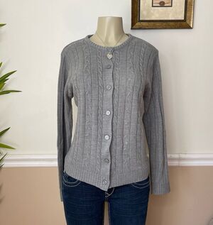 Sara Morgan Women's Heather Grey Button Down Cable Knit Cardigan Sweater